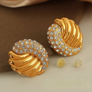 1 Pair Luxurious Series Retro Geometric Stainless Steel  Gold Color Rhinestone Women's Stud Earrings h5 